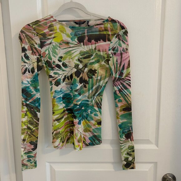 Marciano XS Sheer Tulle Botanical Print Long Sleeve Top | Mesh Fitted - Picture 3 of 3